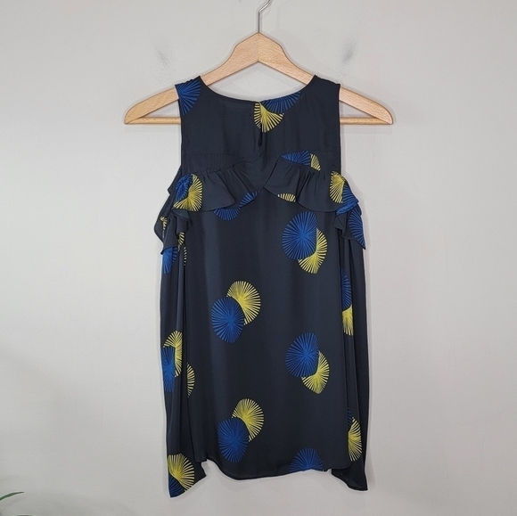 Trouve | Black Blue Yellow Starburst Cold Shoulder Ruffle Detail Blouse Size XS - Picture 4 of 8
